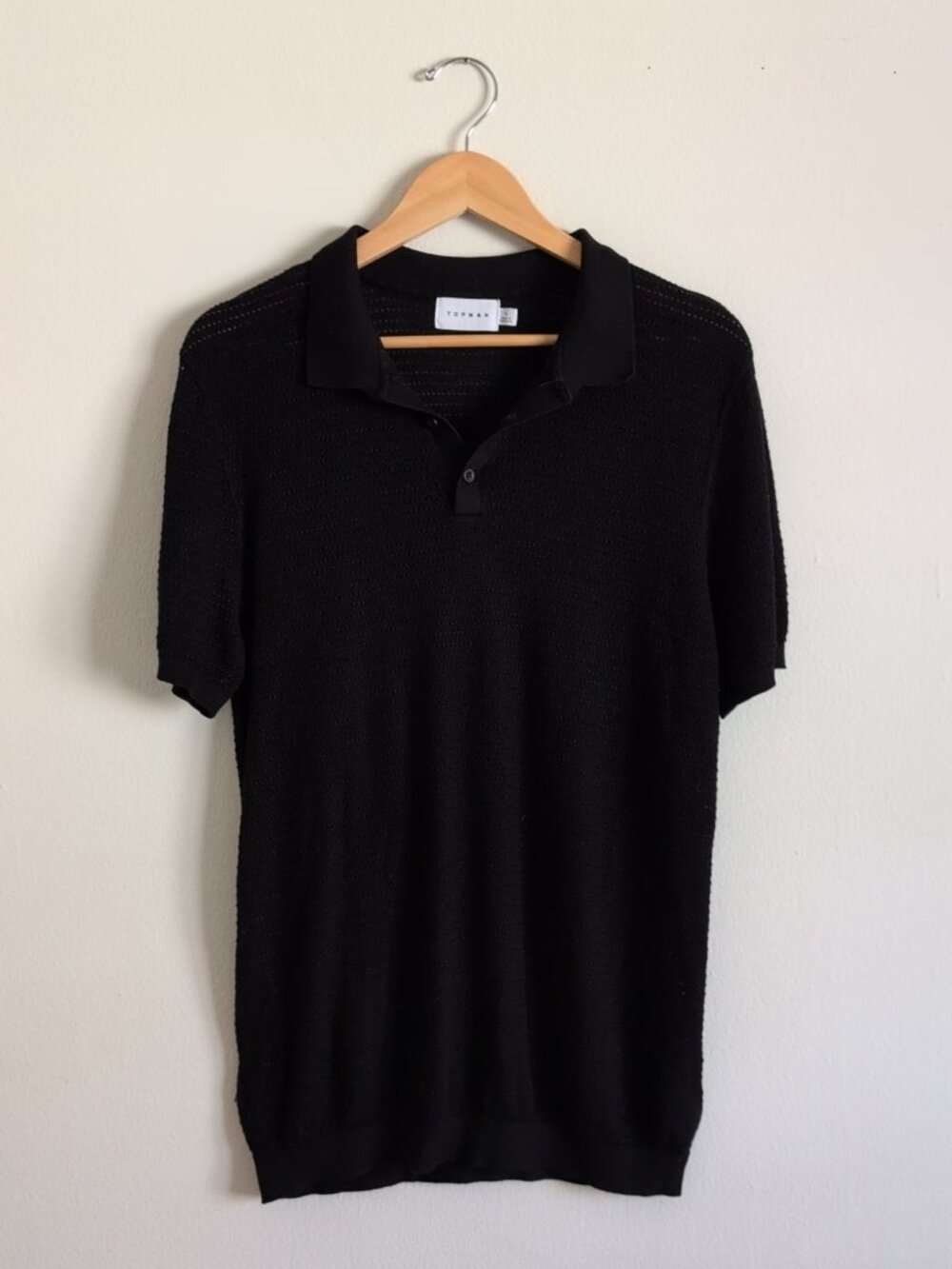 Topman knit ladder crochet polo in black